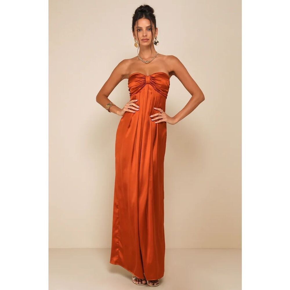 Lulu's Strapless Satin Maxi Dress in Burnt Orange